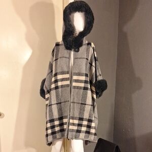 Hooded Plaid Cape Coat - Gray and Black